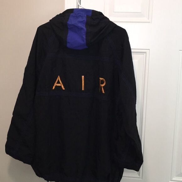 Vintage NIKE AIR retro Nylon Black Blue stripe hoodie hooded jacket-M oversize - Picture 3 of 10